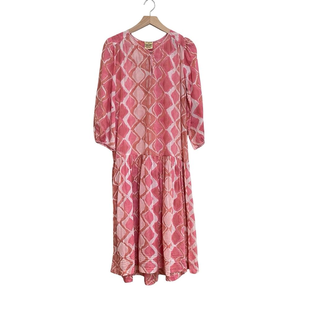 Vintage ANOKHI for Sarah Clothes India 70s Pink Hand Block Drop Waist Dress Sz M